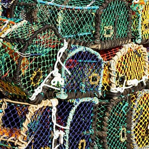 Sustainable crab pot traps made from colorful repurposed string
